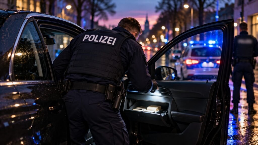 Durchsuchung an der Kontrollstelle: Polizeibeamter leuchtet in der Abenddämmerung mit der Taschenlampe in das geöffnete Handschuhfach eines Pkw, im Hintergrund ein Streifenwagen mit Blaulicht auf nassem Asphalt.
