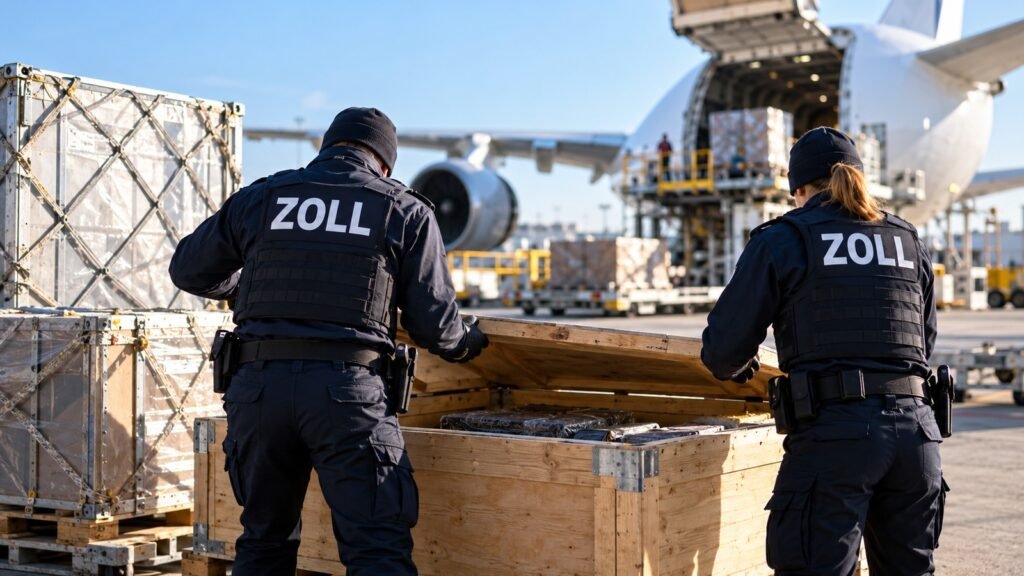 Schmuggel: Zollbeamte öffnen auf dem Luftfrachtvorfeld eine Holzkiste mit verpackten Waren