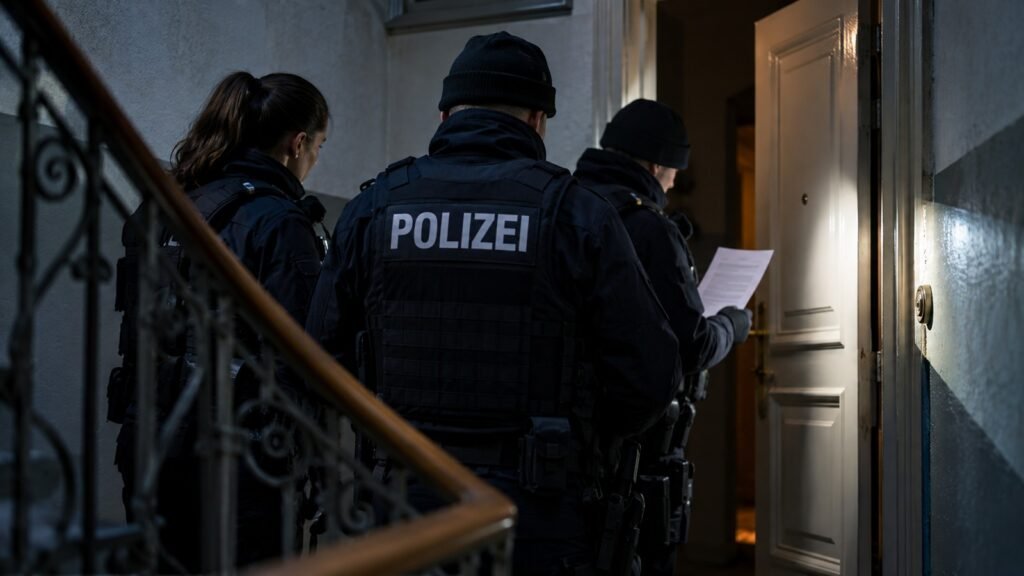 Durchsuchung im BtM-Verfahren: drei Polizeibeamte im Treppenhaus eines Altbaus vor der halb offenen Wohnungstür, der vordere hält den Durchsuchungsbeschluss in der Hand