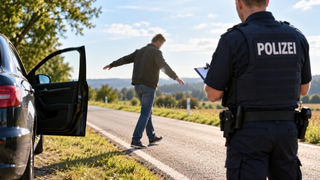 Fahrunsicherheit: Polizeibeamter beobachtet bei Tageslicht den Gehtest eines Fahrers am Straßenrand