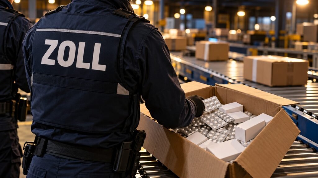 Pseudoephedrin: Zollbeamter prüft im Paketverteilzentrum einen Karton mit Blisterstreifen und Tabletten