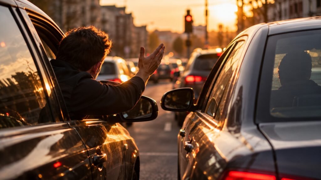 Aggressionspotenzial im Straßenverkehr: Fahrer lehnt sich im Abendlicht aus dem Seitenfenster und gestikuliert aufgebracht zum Nachbarfahrzeug an einer städtischen Kreuzung.