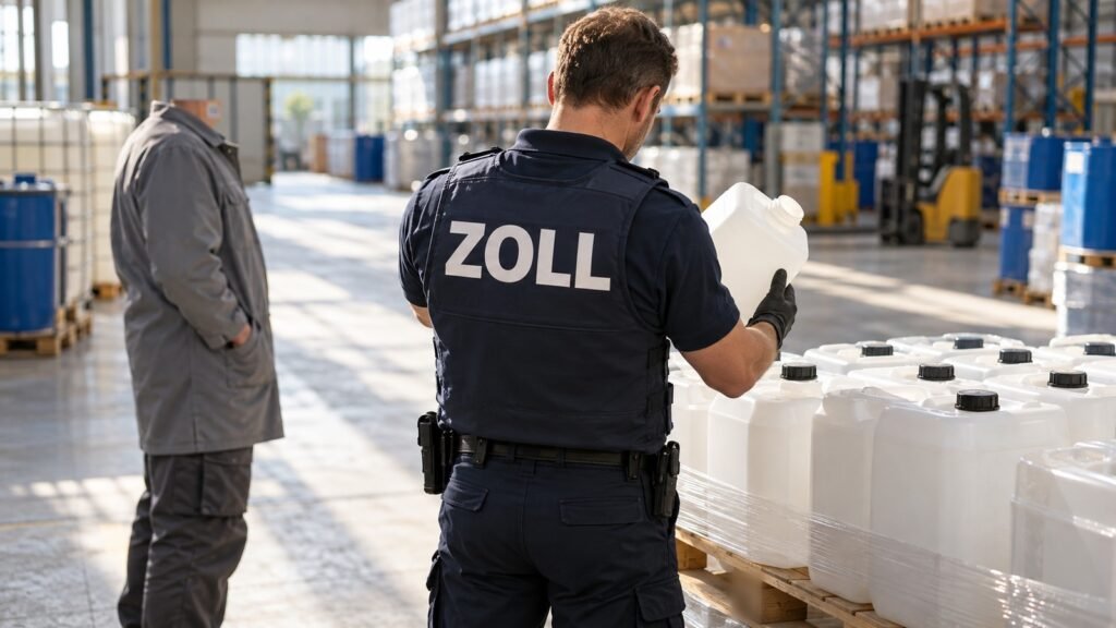 GBL im Chemikalienlager: Zollbeamter prüft einen geöffneten Kunststoffkanister auf einer Palette, im Hintergrund Stahlregale und ein Gabelstapler
