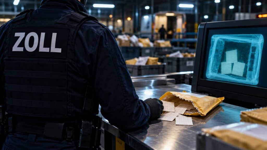 NBOMe: Zollbeamter untersucht im Briefverteilzentrum Papierbögen aus einem aufgeschnittenen Umschlag