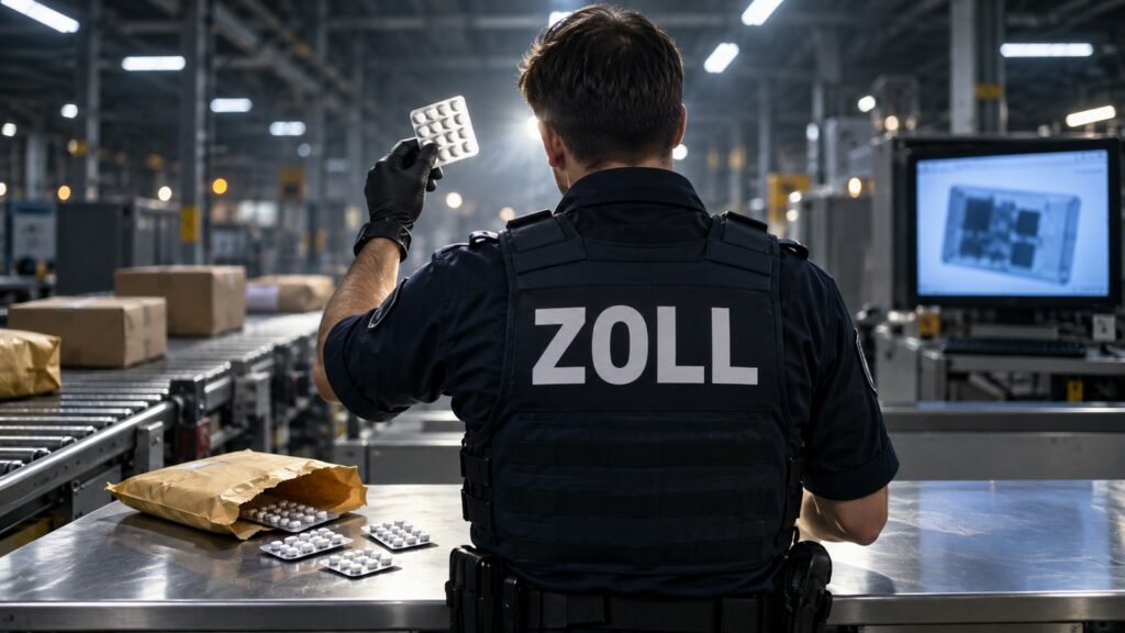 Clenbuterol in der Postsendung: Zollbeamter prüft in einer Postsortierhalle einen Blisterstreifen mit weißen Tabletten aus einem aufgeschnittenen Luftpolsterumschlag