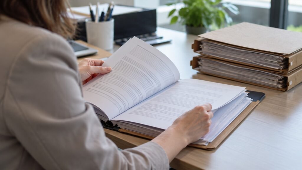 Strafakte bei der Fahrerlaubnisbehörde: Sachbearbeiterin blättert am Schreibtisch in einer dicken geöffneten Papierakte, daneben zwei geschlossene Aktenbündel.