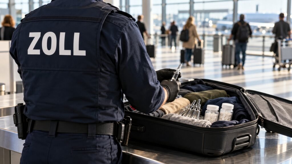 Trenbolon: Zollbeamter hält bei der Gepäckkontrolle eine Ampulle aus einem Koffer mit Tablettendosen