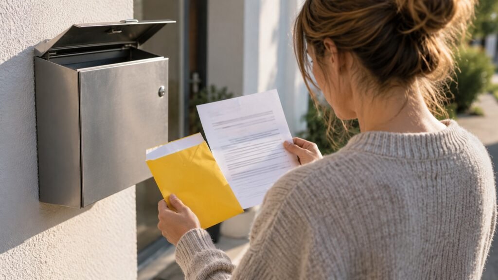 Nach der Einstellung des Strafverfahrens: Frau steht am geöffneten Hausbriefkasten und liest ein behördliches Schreiben, in der Hand der aufgerissene gelbe Zustellungsumschlag.