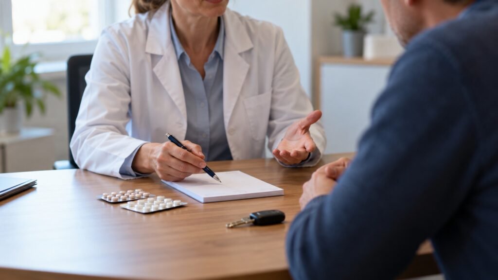 Aufklärung über die Fahrsicherheit: Ärztin im weißen Kittel erklärt einem Patienten am Schreibtisch die Wirkung seiner Medikamente, davor liegen Blisterpackungen und der Autoschlüssel.