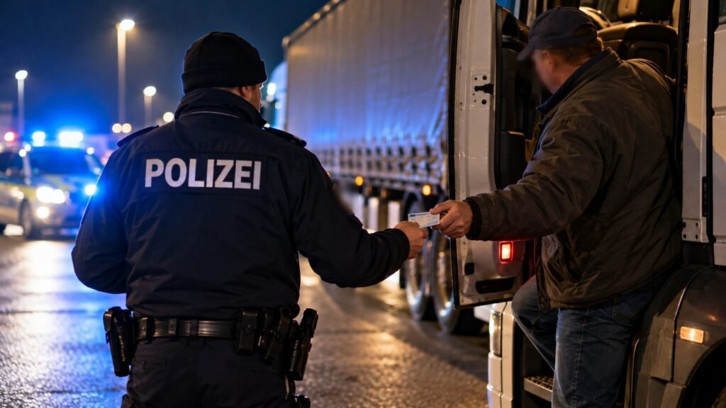 Aberkennung: Polizeibeamter nimmt bei Nacht an einer Kontrollstelle den Führerschein eines Lkw-Fahrers entgegen