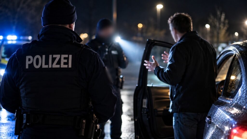 Ablenkungsstrategien in der Verkehrskontrolle: Fahrer gestikuliert nachts an seiner Autotür, Polizeibeamte mit Taschenlampe