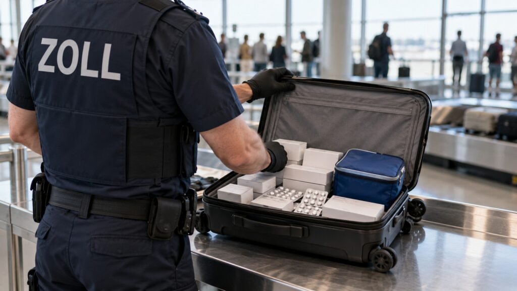 Abnehmmittel im Reisegepäck: ein Zollbeamter öffnet an der Gepäckkontrolle eines Flughafens einen Koffer voller Medikamentenschachteln und Blister.