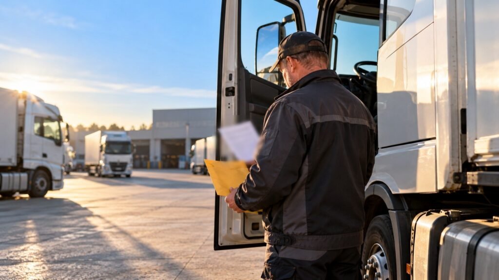 Härtefall beim Fahrverbot: Berufskraftfahrer liest am Lkw ein Schreiben, gelber Zustellungsumschlag in der Hand
