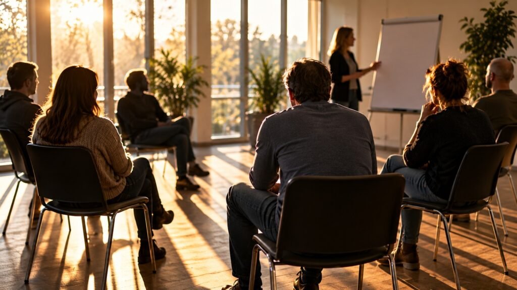 Alkohol und Abstinenz: Therapiegruppe im Stuhlkreis einer Suchtklinik im Abendlicht