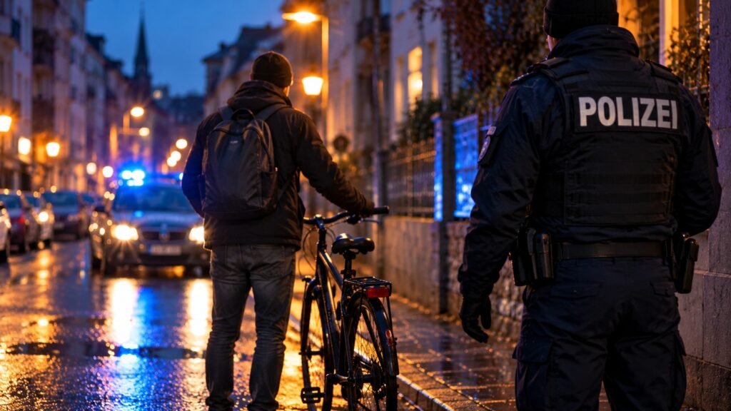 Fahrrad und Alkohol: Radfahrer von hinten auf nasser Straße, dahinter ein Polizeibeamter einer Verkehrskontrolle