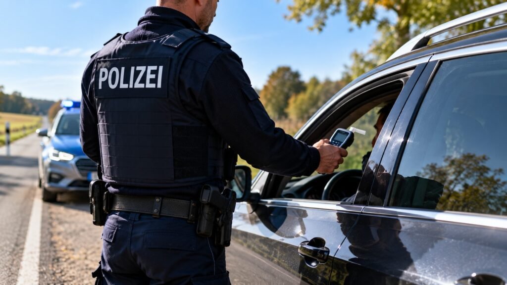 Alkoholkonsum und Alkoholgefährdung: Verkehrskontrolle am Tag mit Atemalkoholmessgerät am Fahrzeugfenster
