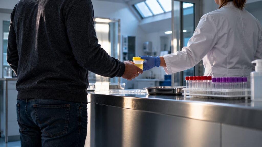Alkoholverzicht und Abstinenzkontrolle: Übergabe einer Urinprobe an der Theke eines Labors