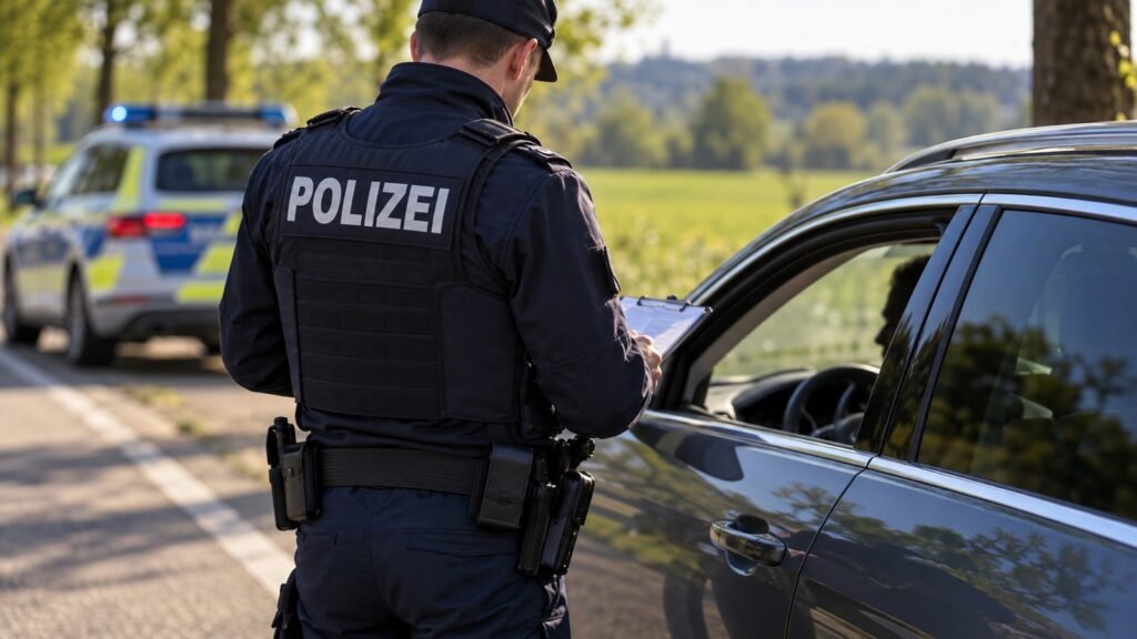 THC im Blut: Polizeikontrolle am Rand einer Landstraße, Beamter am Fahrerfenster mit Klemmbrett