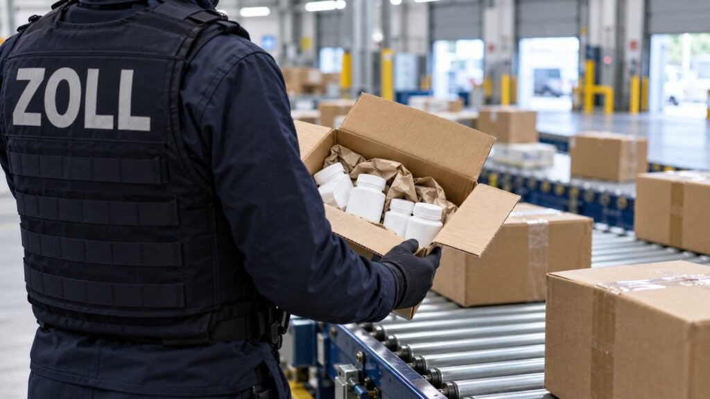 Amfepramon im Paketzentrum: ein Zollbeamter öffnet am Rollband einen Karton mit Tablettendosen