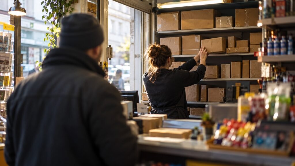 Paketannahmestelle in einem Kiosk: Eine Mitarbeiterin sucht im Regal ein Paket heraus, ein Kunde wartet an der Theke