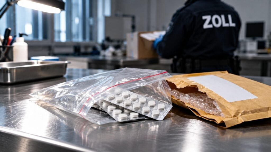 Anavar: In einem Untersuchungsraum des Zolls liegen Blisterstreifen mit weißen Tabletten in einem geöffneten Asservatenbeutel neben einer aufgeschnittenen Versandtasche.