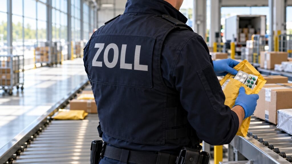 Antibiotika aus dem Ausland: Zollbeamter von hinten in dunkelblauer Weste mit Aufschrift ZOLL öffnet im Paketverteilzentrum einen gelben Versandumschlag mit Tablettenblistern