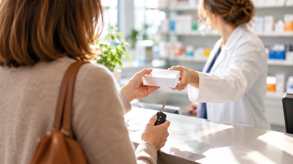 Antipsychotika und Fahreignung: Apothekerin reicht einer Kundin mit Autoschlüssel ein Medikament über den Tresen