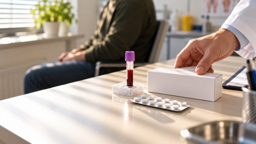 Amfetamin und Arzneimittel: Hand legt bei Tageslicht eine unbeschriftete Tablettenpackung neben ein Blutprobenröhrchen auf einen hellen Praxistisch, im Hintergrund unscharf eine sitzende Person