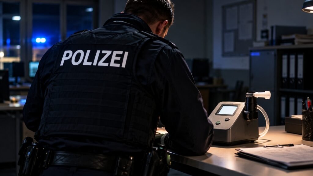 Atemalkohol: Polizeibeamter im nächtlichen Wachraum am beweissicheren Messgerät mit Mundstück und Schlauch