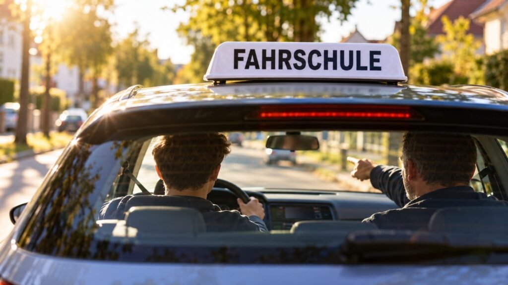 Autismus und Führerschein: junger Fahrer im Fahrschulauto, Fahrlehrer zeigt nach vorne
