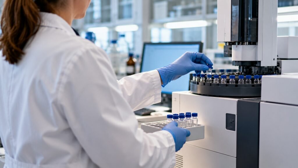 Barbiturat in der Bestätigungsanalyse: eine Analytikerin setzt im kriminaltechnischen Labor ein Probenvial in den Autosampler ein