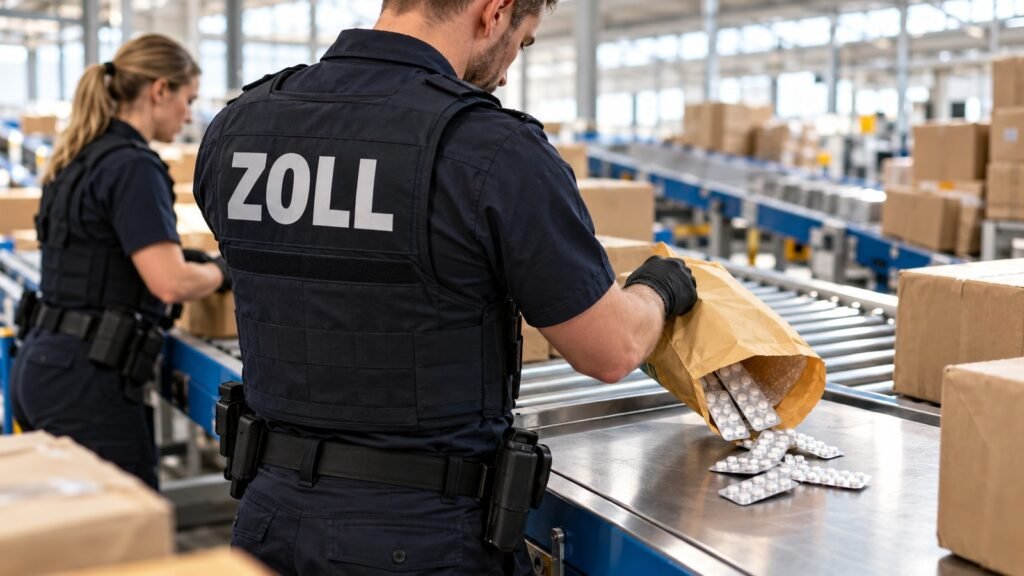 Benzylpiperazin in der Postsendung: Zollbeamter mit gut lesbarem Schriftzug ZOLL auf der Weste schüttet Blisterstreifen mit Presslingen aus einem aufgeschnittenen Umschlag auf das Rollenband