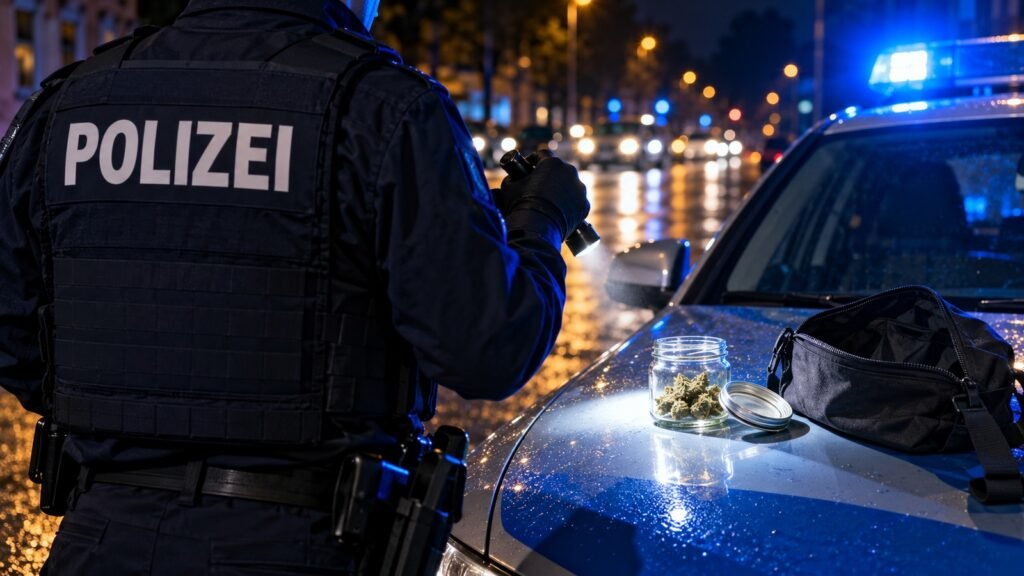 Besitzgrenzen bei der Kontrolle: Polizeibeamter von hinten leuchtet nachts auf ein geöffnetes Schraubglas mit getrockneten Blüten auf der Motorhaube eines Streifenwagens