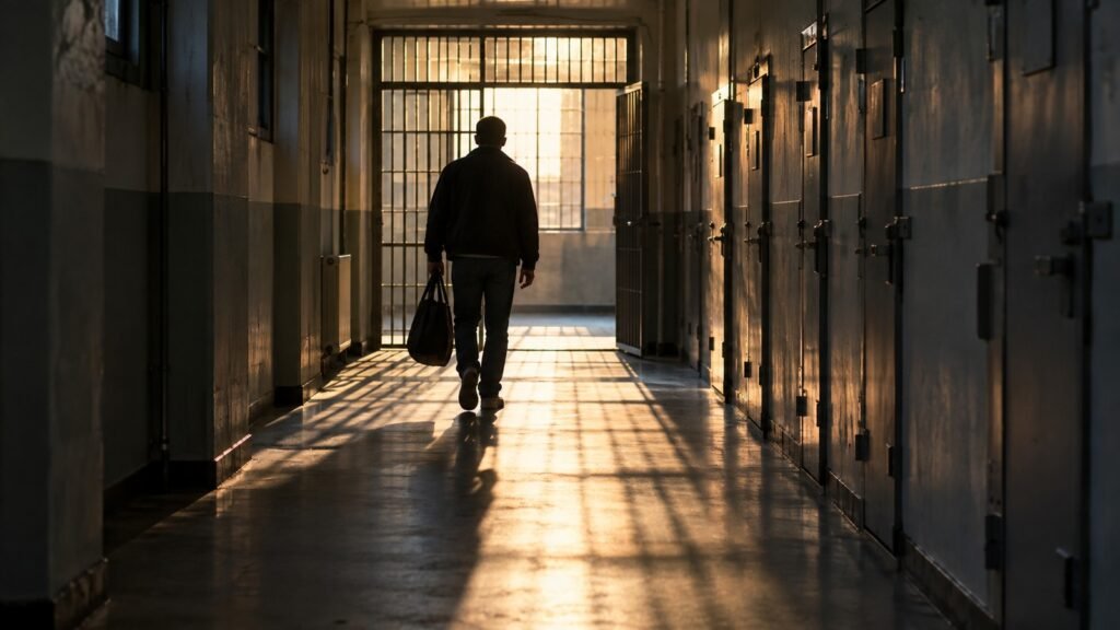 Bewährung: Mann mit Tasche geht durch den Flur einer Justizvollzugsanstalt auf das geöffnete Gittertor und das Tageslicht zu