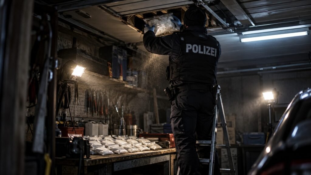 Bewertungseinheit: Polizeibeamter zieht bei einer nächtlichen Durchsuchung einen großen verschweißten Beutel aus einem Deckenversteck, darunter liegen abgepackte Portionsbeutel