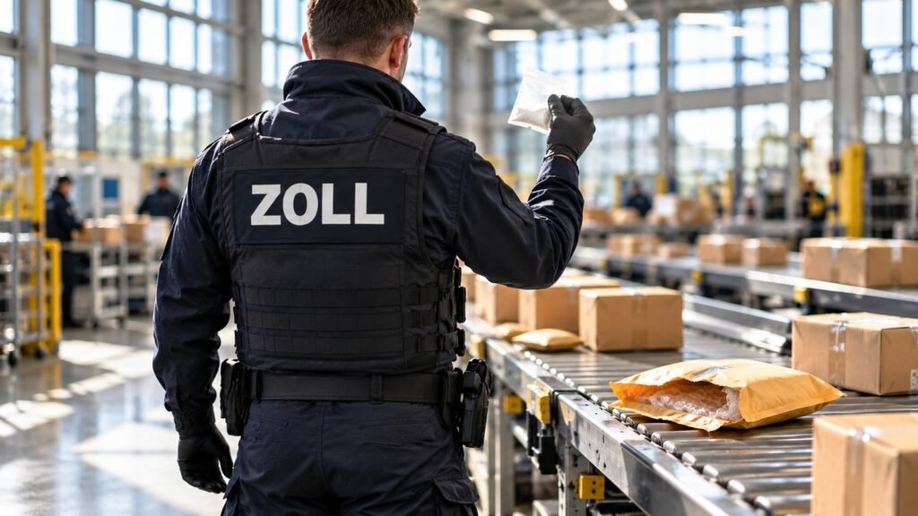 Research Chemicals: Zollbeamter in dunkelblauer Einsatzweste hält in einer Postsortierhalle ein unbeschriftetes Tütchen mit weißem Pulver gegen das Licht, daneben ein aufgeschnittener Luftpolsterumschlag auf dem Rollenband