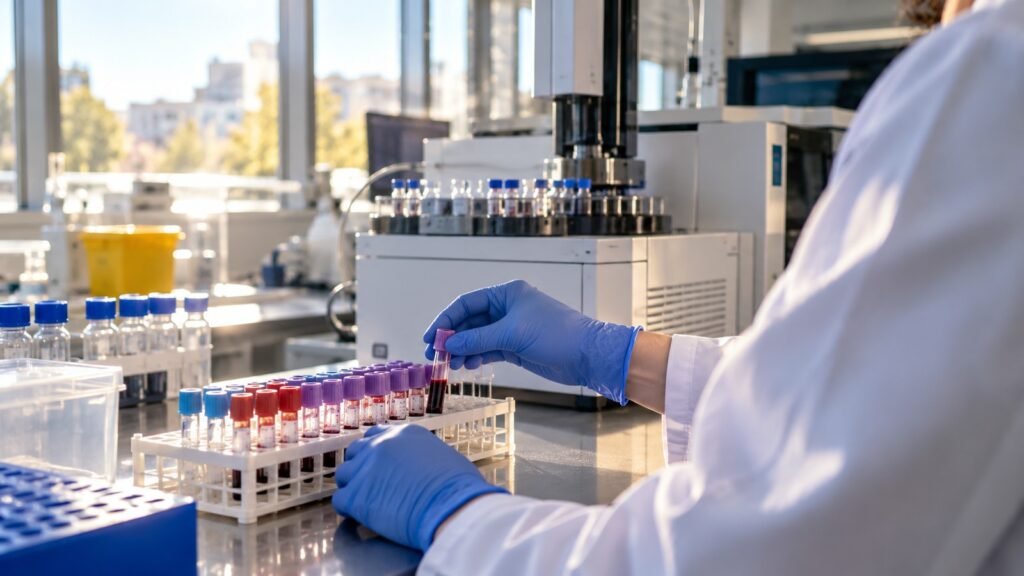 Blutalkohol im rechtsmedizinischen Labor: behandschuhte Hände beschriften Blutproben neben einem Gaschromatographen