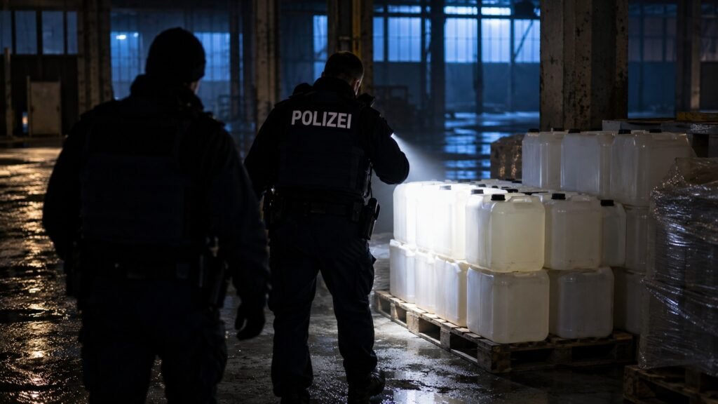 Phenylaceton: Polizeibeamte leuchten bei einer nächtlichen Durchsuchung auf gestapelte Kanister in einer Industriehalle