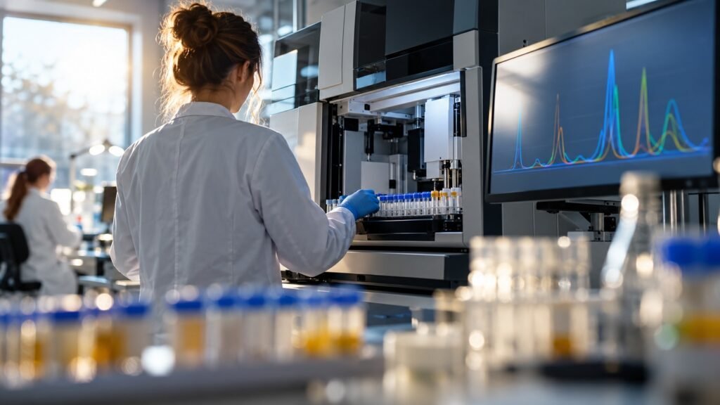 Bromazolam im Labor: Eine Sachverständige bestückt ein Analysegerät mit Probenröhrchen, auf dem Monitor Messkurven