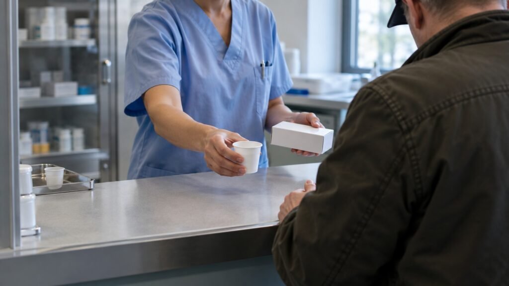 Buprenorphin in der Substitutionsambulanz: eine Pflegekraft reicht an einer Ausgabetheke ein Präparat an einen von hinten gezeigten Patienten
