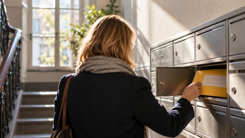 Bußgeldbescheid: Frau zieht im Treppenhaus einen gelben Zustellungsumschlag aus dem Briefkasten, Morgenlicht