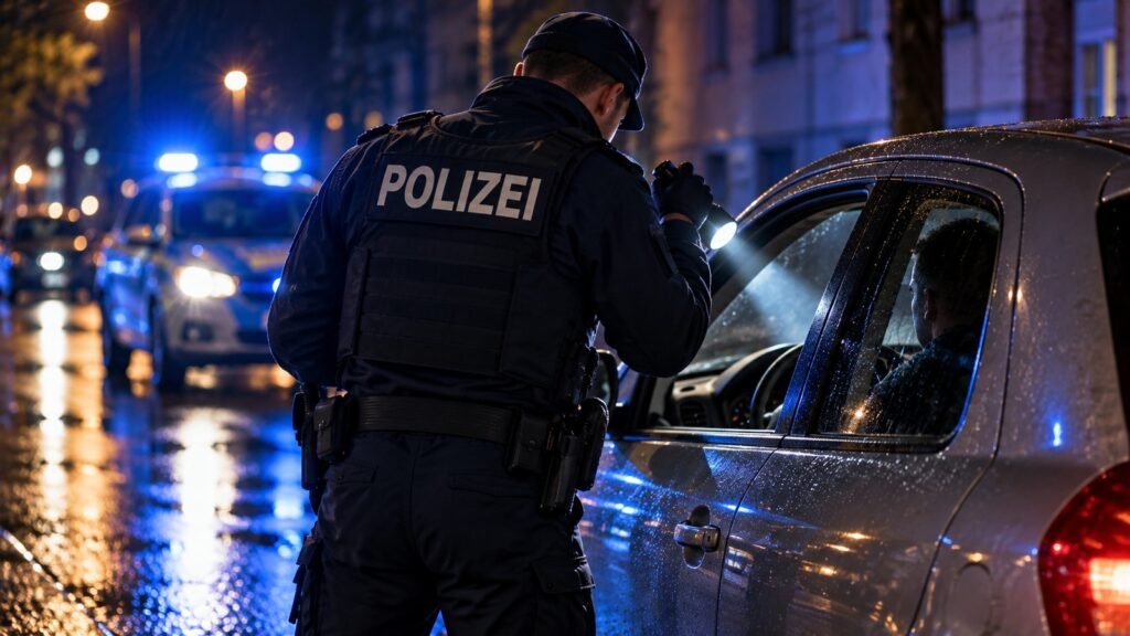 Cannabis am Steuer: nächtliche Verkehrskontrolle, Polizist leuchtet in den Innenraum eines Kompaktwagens