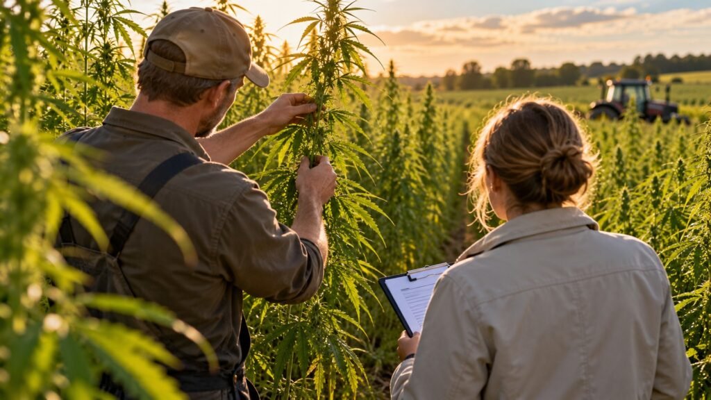 Cannabisbegriff und Nutzhanf: Landwirt von hinten prüft im Nutzhanffeld eine Pflanze, daneben eine Kontrolleurin mit Klemmbrett im Abendlicht