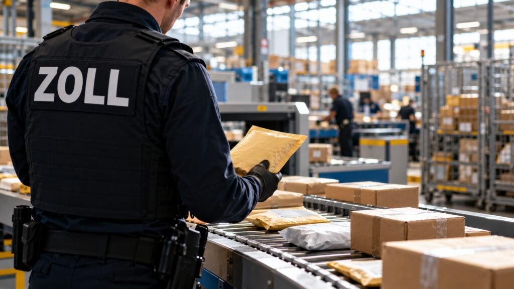 Cannabissamen: Zollbeamter prüft eine gepolsterte Briefsendung am Rollenband eines Paketverteilzentrums