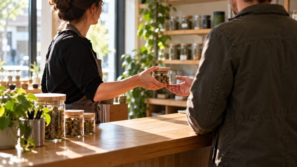 CBD: Übergabe eines Glases mit Hanfblüten über die Theke eines Ladengeschäfts im Tageslicht