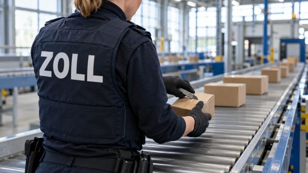 Clomifen: Zollbeamtin öffnet im Paketverteilzentrum eine kleine Postsendung am Rollenband