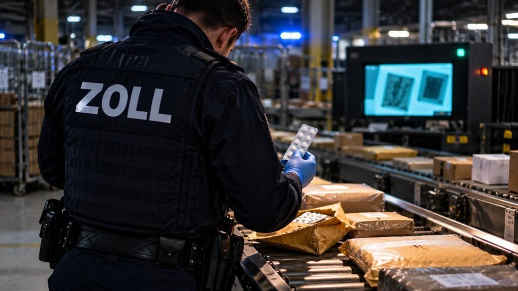 Clonazepam: Zollbeamter prüft in der Postsortierhalle einen Blisterstreifen aus einem geöffneten Luftpolsterumschlag