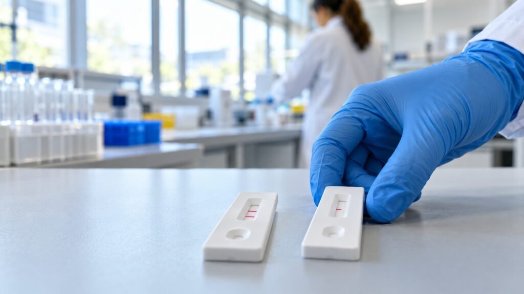 Cut-off-Wert beim Drogentest: blau behandschuhte Hand legt eine zweite Testkassette neben eine bereits ausgewertete auf eine helle Laborbank