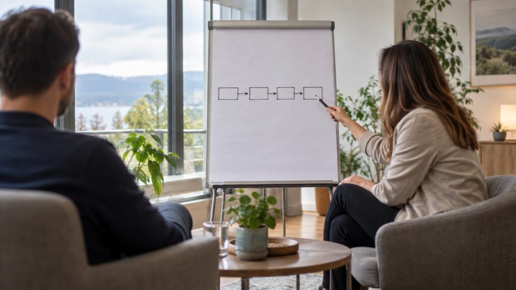 Deliktaufarbeitung in der verkehrspsychologischen Praxis: Psychologin erläutert eine Verhaltenskette am Flipchart
