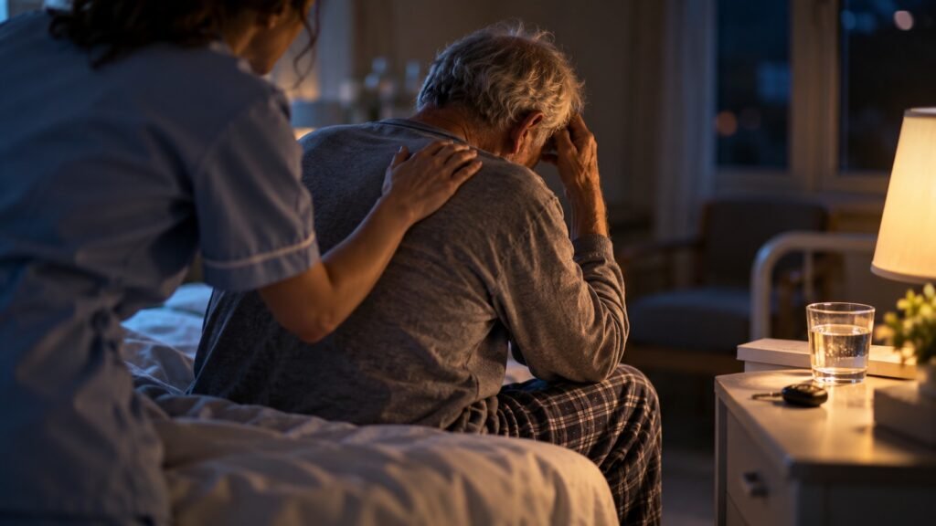 Delir und Fahreignung: Pflegekraft beruhigt nachts einen verwirrten älteren Patienten, Autoschlüssel auf dem Nachttisch